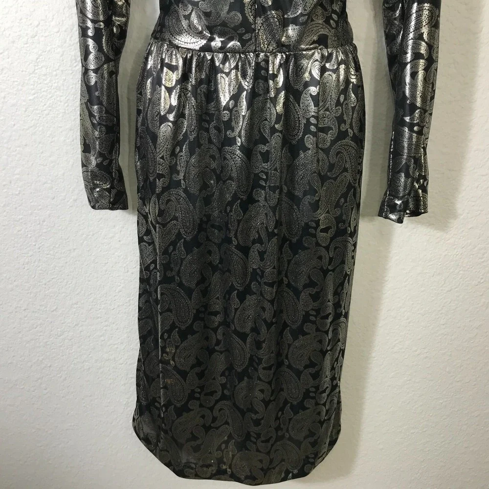 Vintage 80s Homemade Silver Lame Dress XS Paisley Lame Long Sleeve Semi Sheer‎
